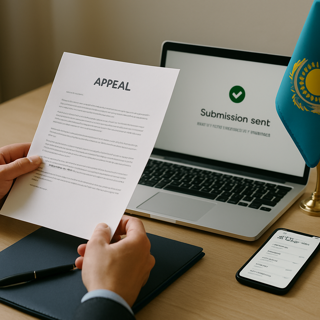 A person checks a written appeal and an online submission confirmation at a desk,