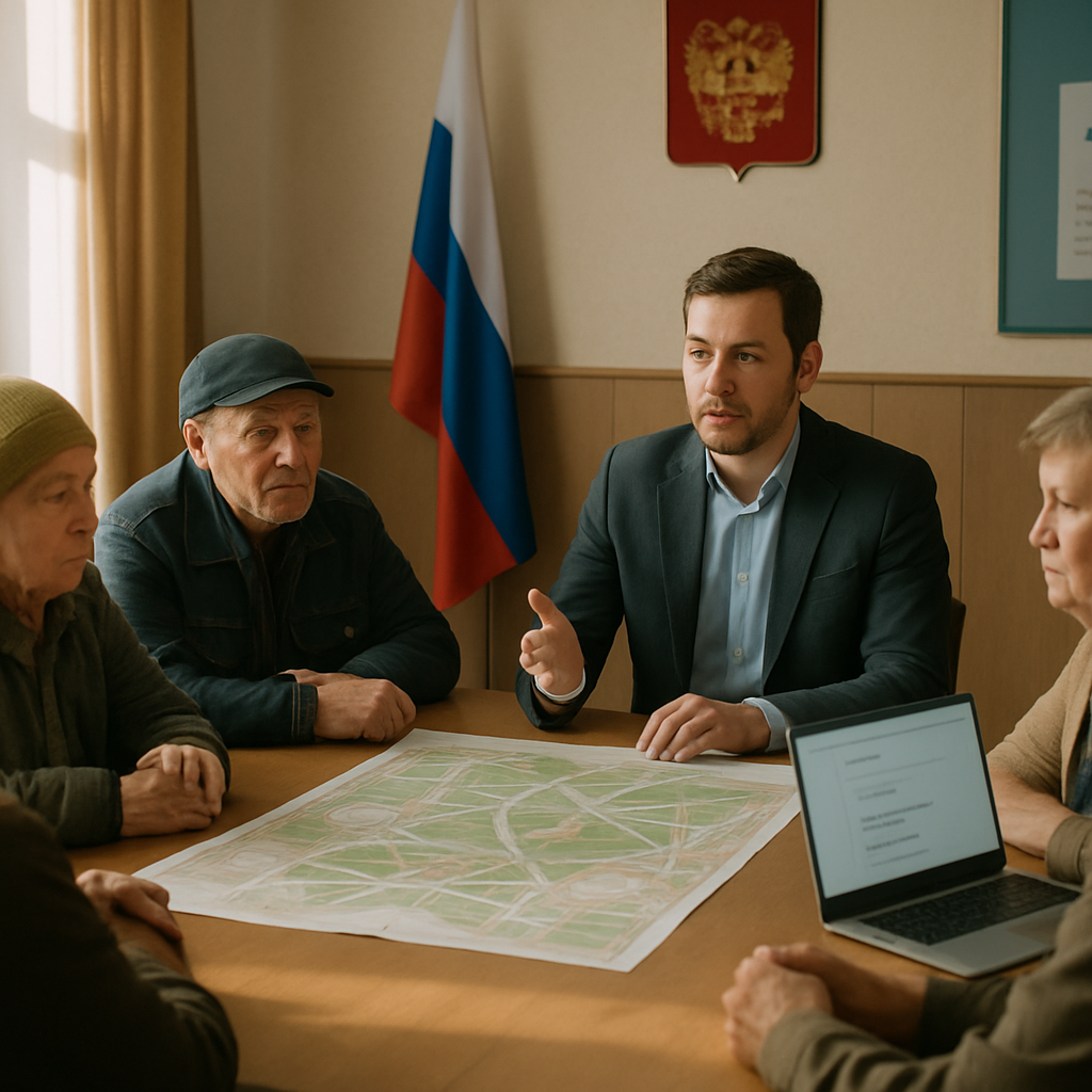 Residents discuss neighborhood issues with a local representative around a map at a Russian